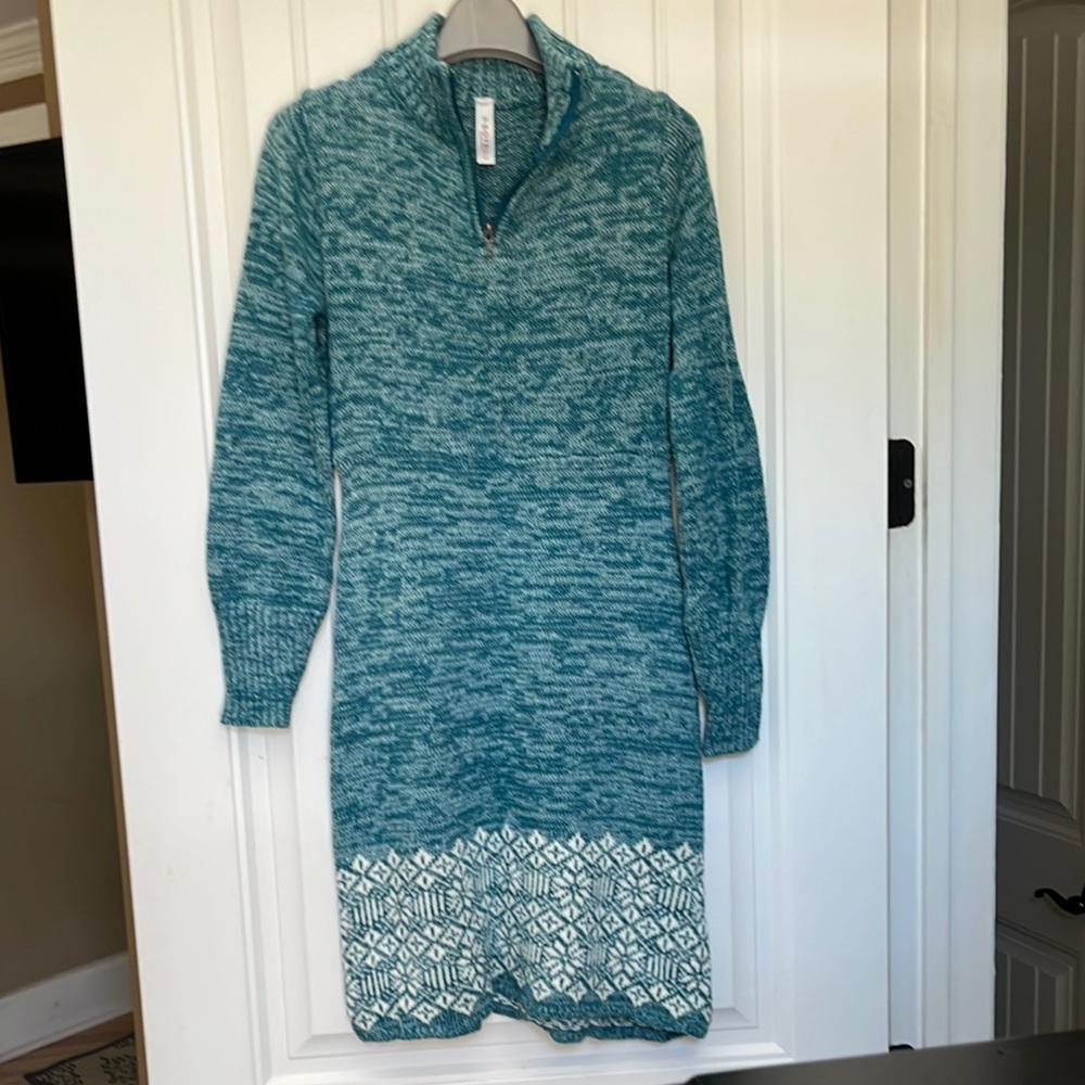 Soybu Teal Mock Neck Sweater Dress with Bishop Sleeves